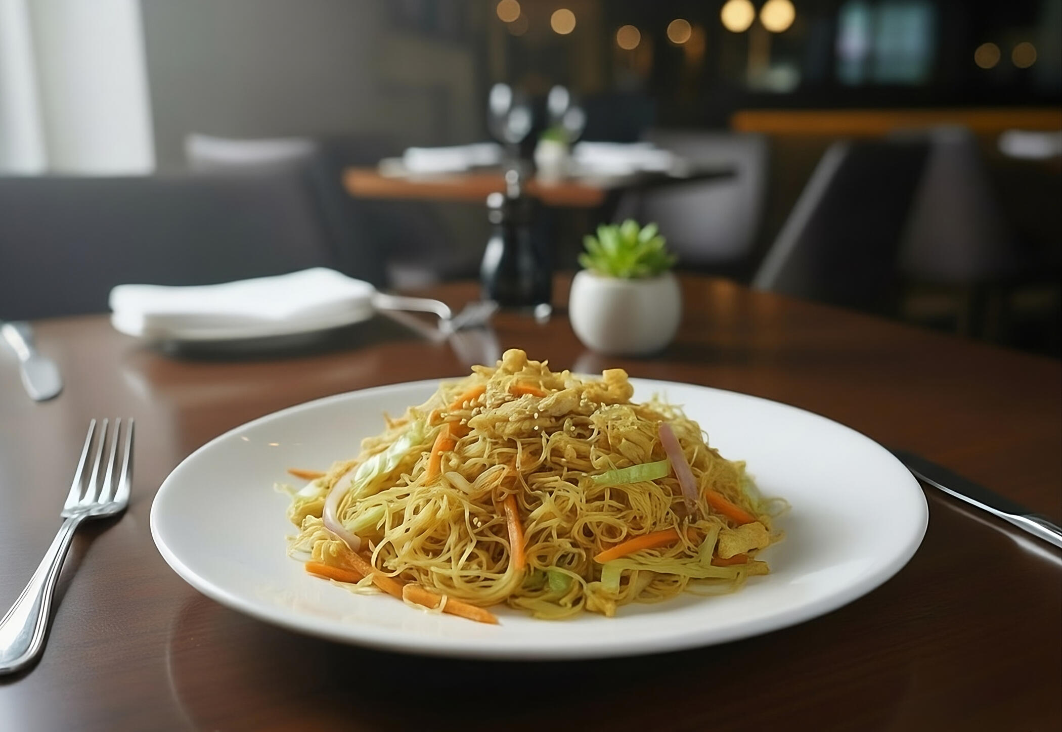 Singapore Noodles Heaped plate of Singapore noodles with curried chicken, egg, vermicelli noodles and mixed vegetables, stir-fried in aromatic curry spices.