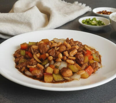 Kung Pao Chicken Plate of six steamed pork dim sims with carrot and cabbage filling, served warm and tender.