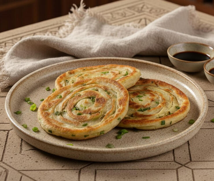 Shanghai Scallion Pancakes Plate of six steamed pork dim sims with carrot and cabbage filling, served warm and tender.