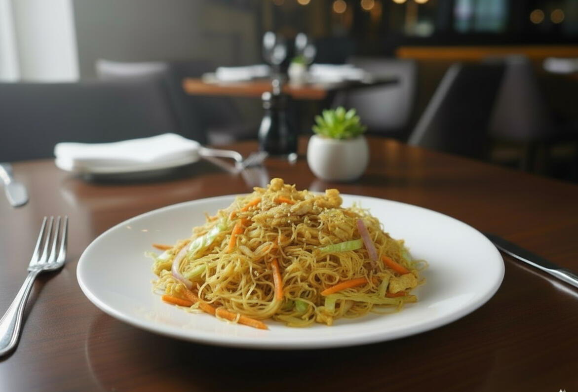 Singapore Noodles Heaped plate of Singapore noodles with curried chicken, egg, vermicelli noodles and mixed vegetables, stir-fried in aromatic curry spices.