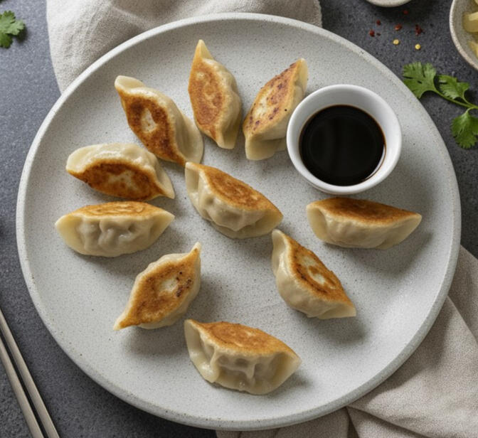 Beef Dumplings Plate of six beef dumplings, served warm and tender.