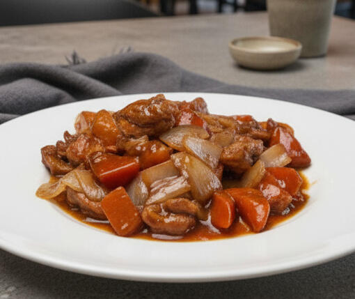 Soy Chicken Plate of six steamed pork dim sims with carrot and cabbage filling, served warm and tender.