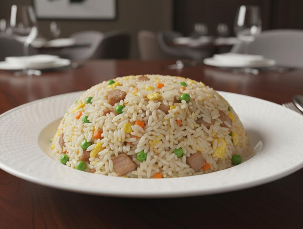 Special Fried Rice Heaped plate of special fried rice with BBQ chicken, egg, corn, peas and carrots.