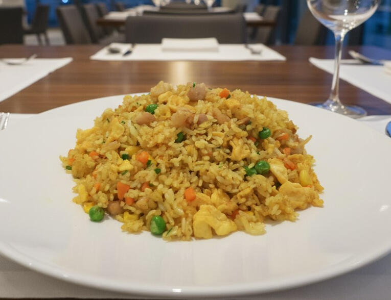 Curry Fried Rice Curry fried rice with chicken, egg, peas, corn and carrots, seasoned with fragrant curry spices.