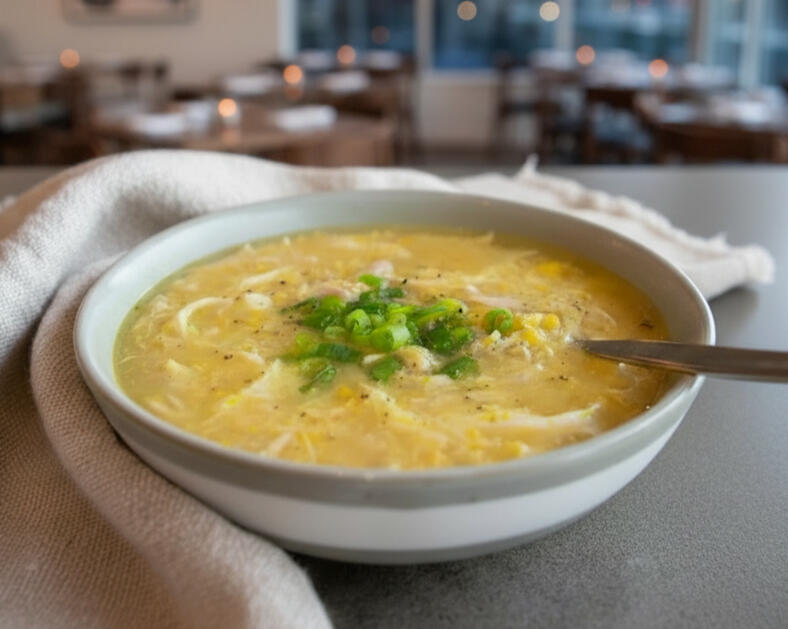Steamed Dim Sims Bowl of chicken and sweet corn soup.