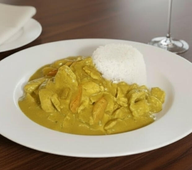 Yellow Chicken Curry Yellow chicken curry served with rice, featuring chicken pieces, potatoes, carrots and onions in a coconut-rich yellow curry sauce.