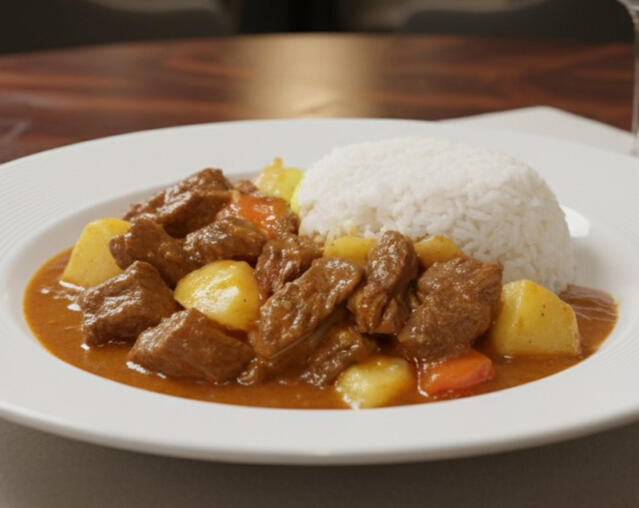 Massaman Beef Curry Massaman beef curry with rice, cooked with potatoes, carrots and onions in a traditional royal-style Massaman curry paste and coconut milk.
