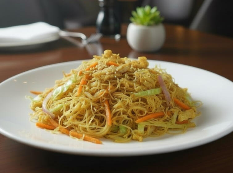 Singapore Noodles Heaped plate of Singapore noodles with curried chicken, egg, vermicelli noodles and mixed vegetables, stir-fried in aromatic curry spices.