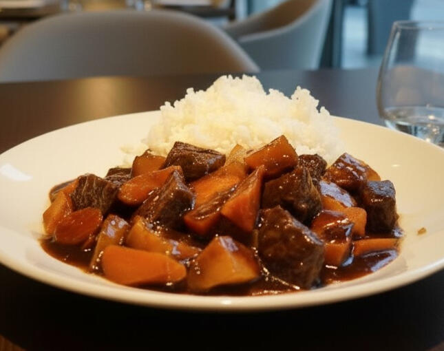 Slow Cooked Beef Tender slow-cooked beef served with rice, simmered in a traditional sauce with potatoes and carrots.
